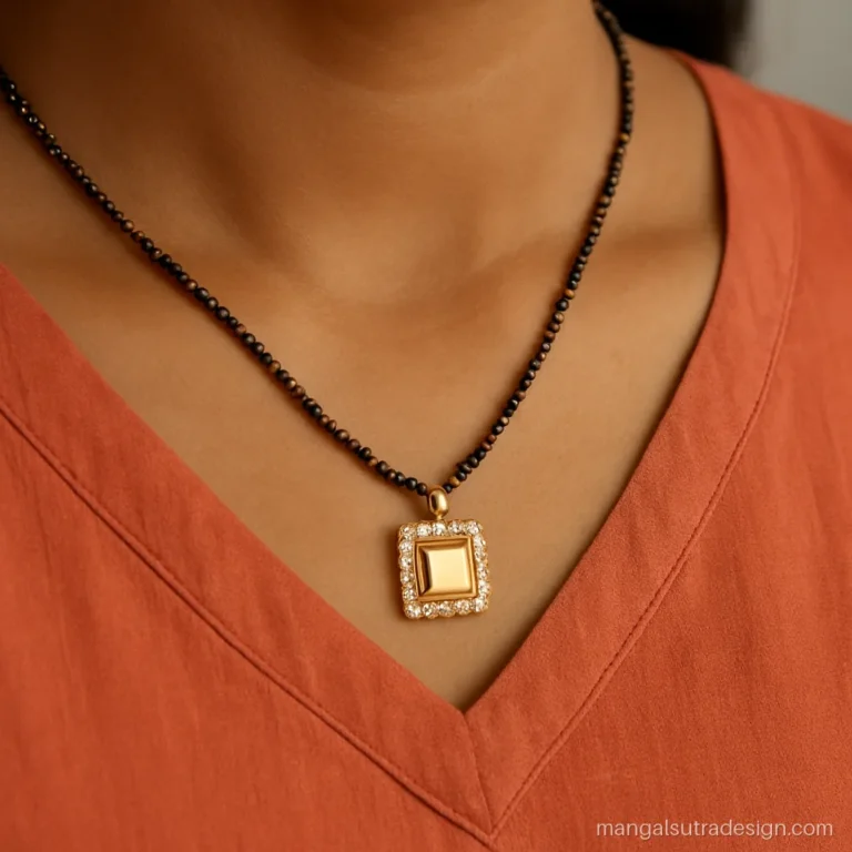 8 gram mangalsutra design with a square gold pendant framed by small white stones