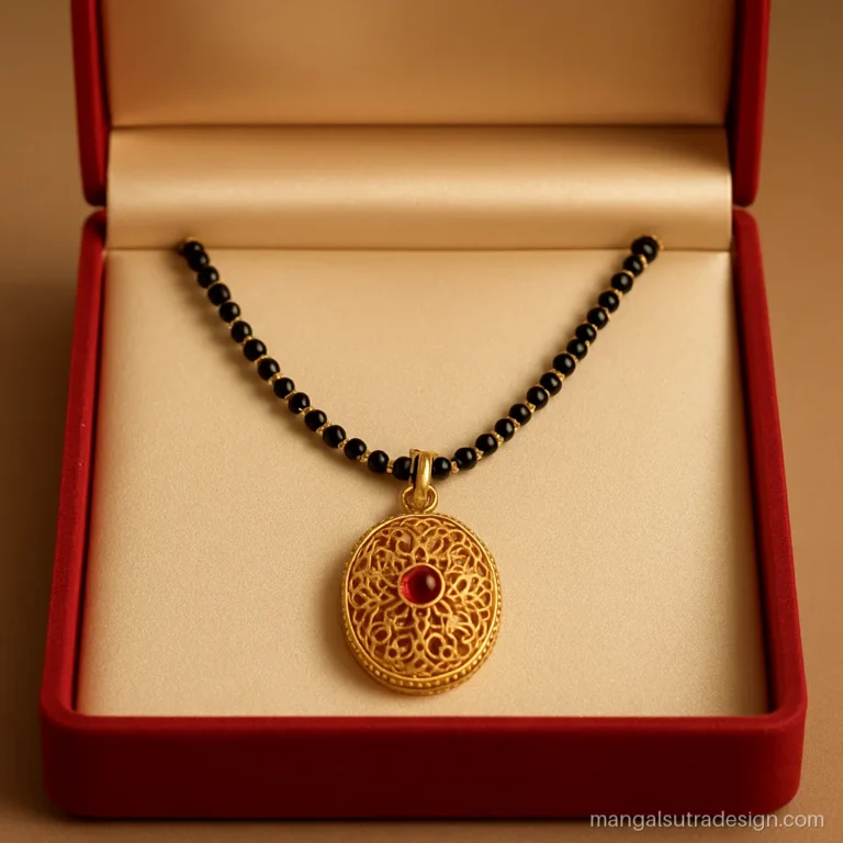 10 gram mangalsutra locket design with oval gold filigree and a ruby centre