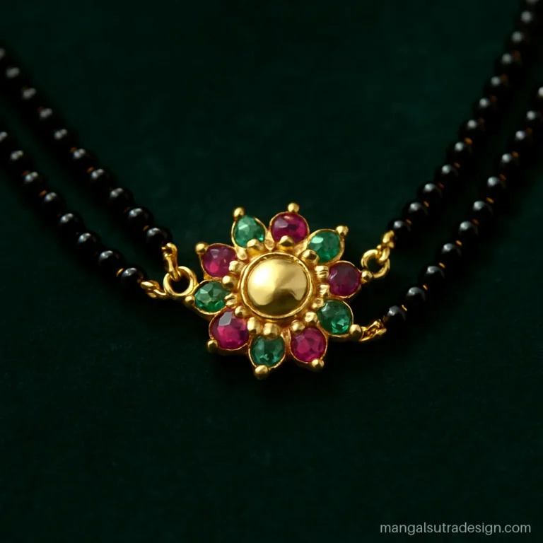 12 gram gold mangalsutra with a flower cluster of rubies and emeralds on two strands