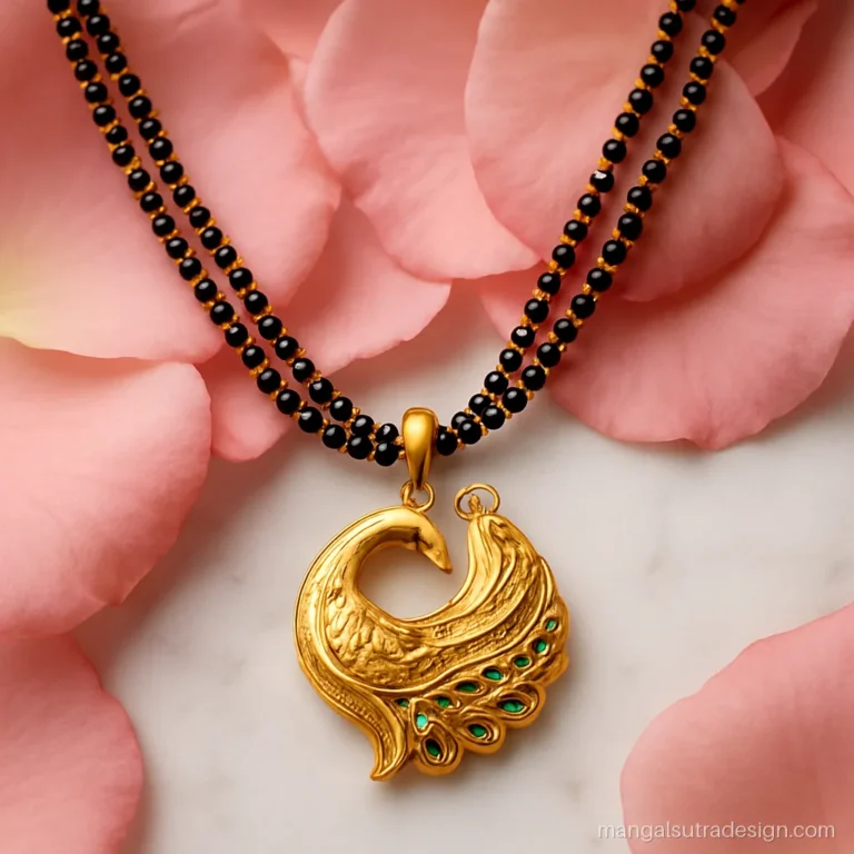 20 gram gold long mangalsutra with a large peacock pendant on a double strand