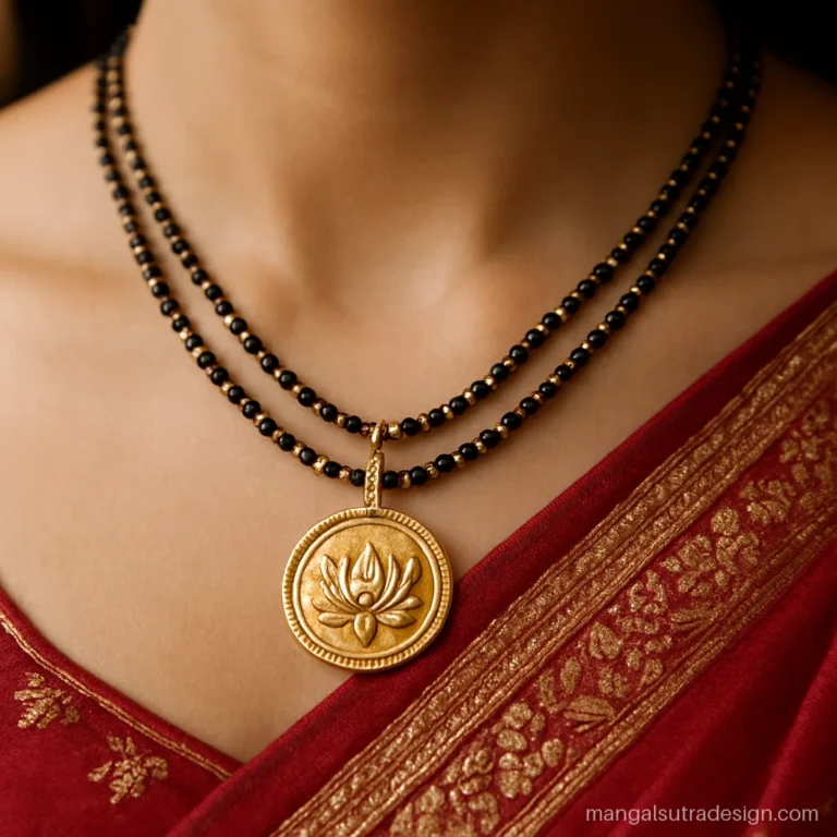 Wedding 2 tola gold mangalsutra design with a long layered strand and big pendant