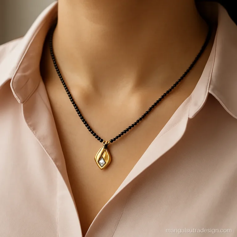 2 gram gold mangalsutra pendant with a single tiny diamond in a gold petal, office look