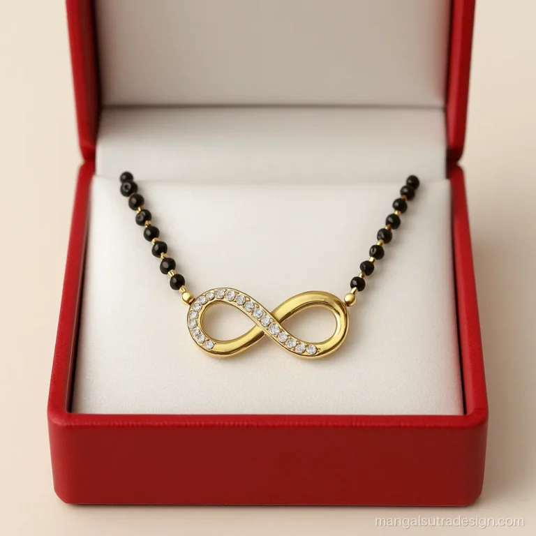 3 gram mangalsutra design with a small infinity pendant set with diamonds in a red box