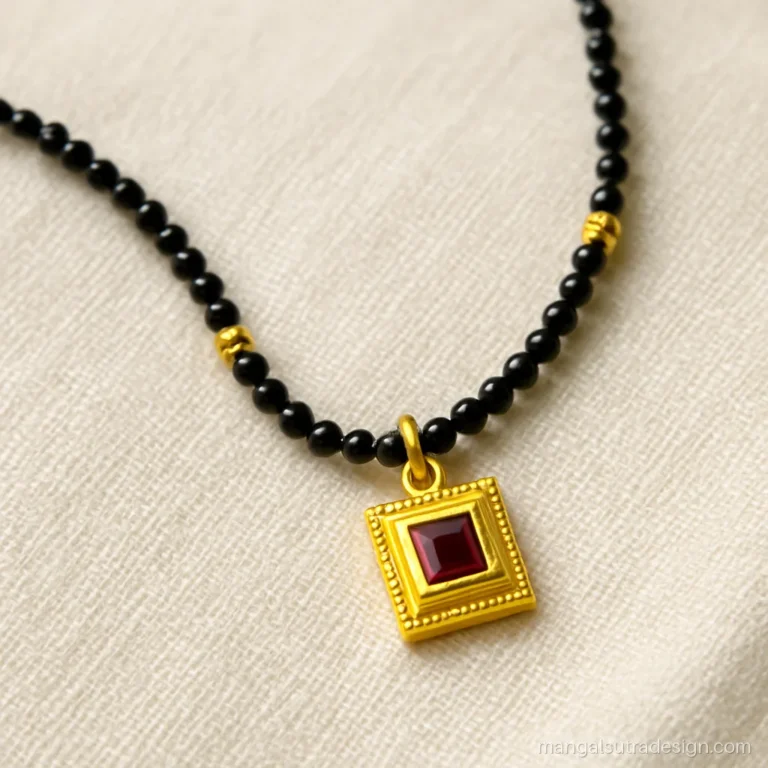 3 gram mangalsutra pendant with a small square ruby and a milgrain gold border