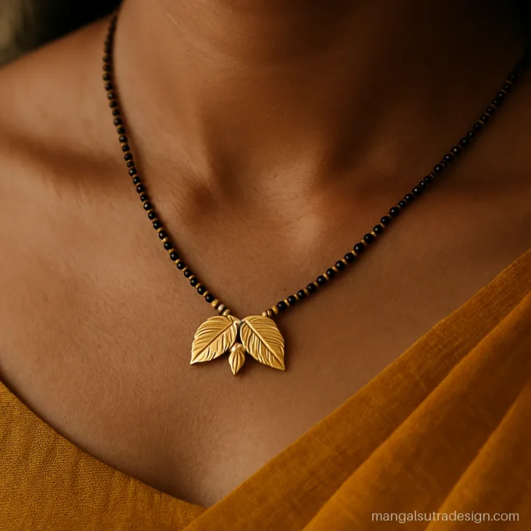 Woman wearing a 3 gram gold mangalsutra pendant with two small leaves over a saree blouse