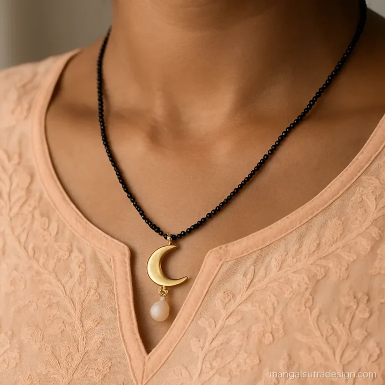 Woman wearing a 4 gram mangalsutra with a gold crescent pendant and a single pearl drop