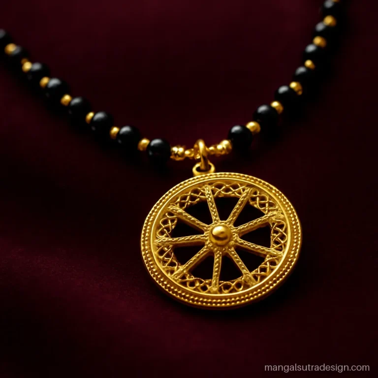 4 gram mangalsutra design with a round filigree wheel pendant on black beads
