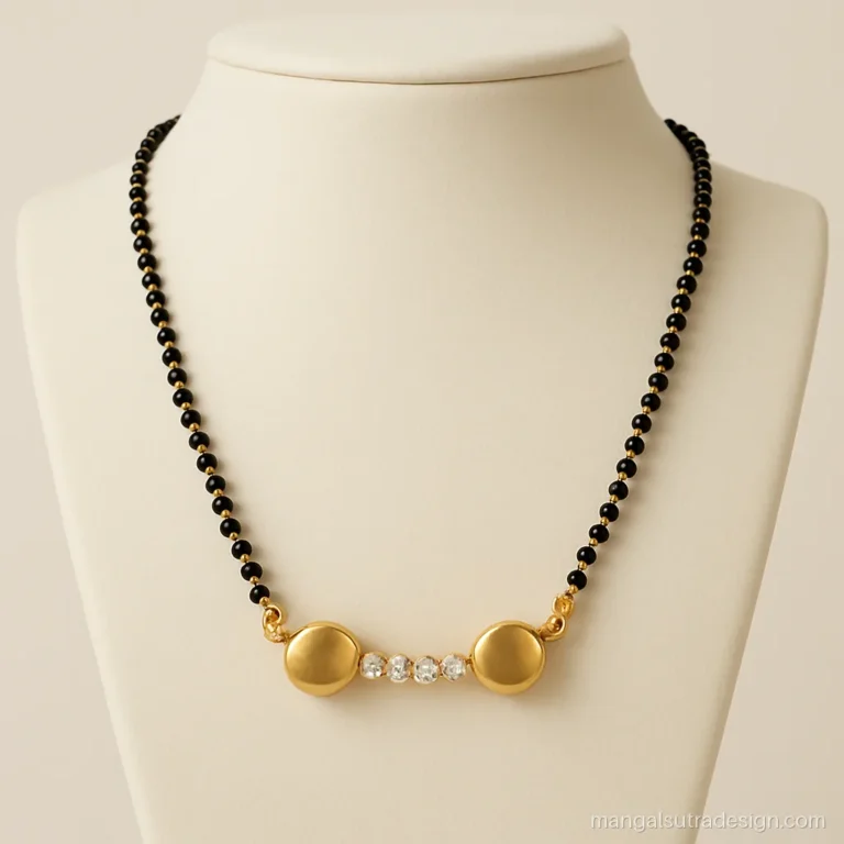 One gram gold mangalsutra in micro plating with twin vatis and small CZ stones on a stand