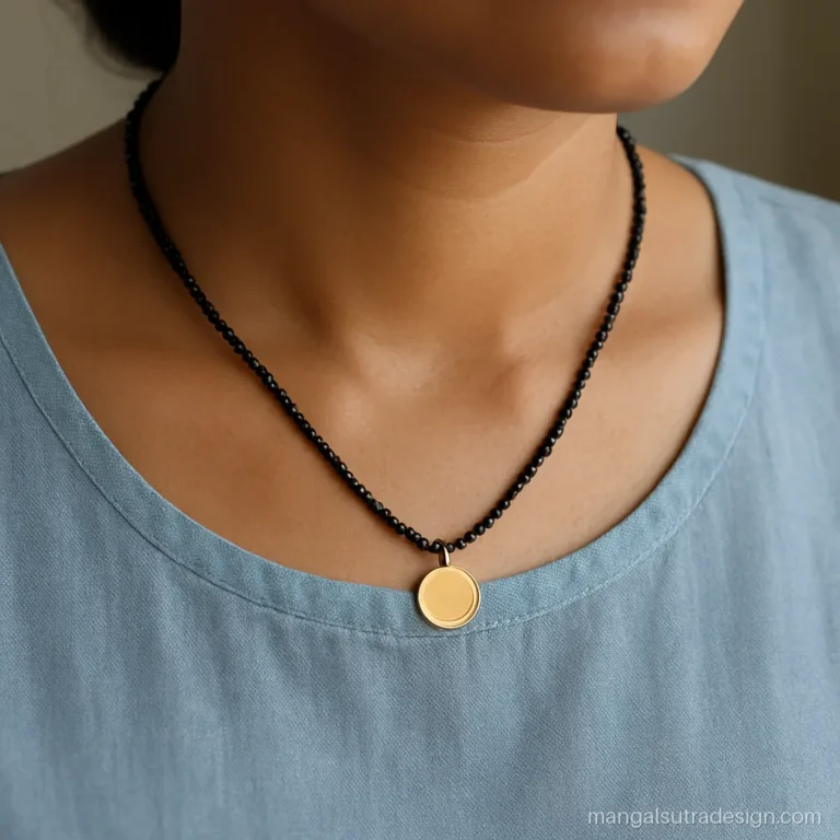 Woman wearing a 1 gram mangalsutra with a mini gold coin on a short black bead strand