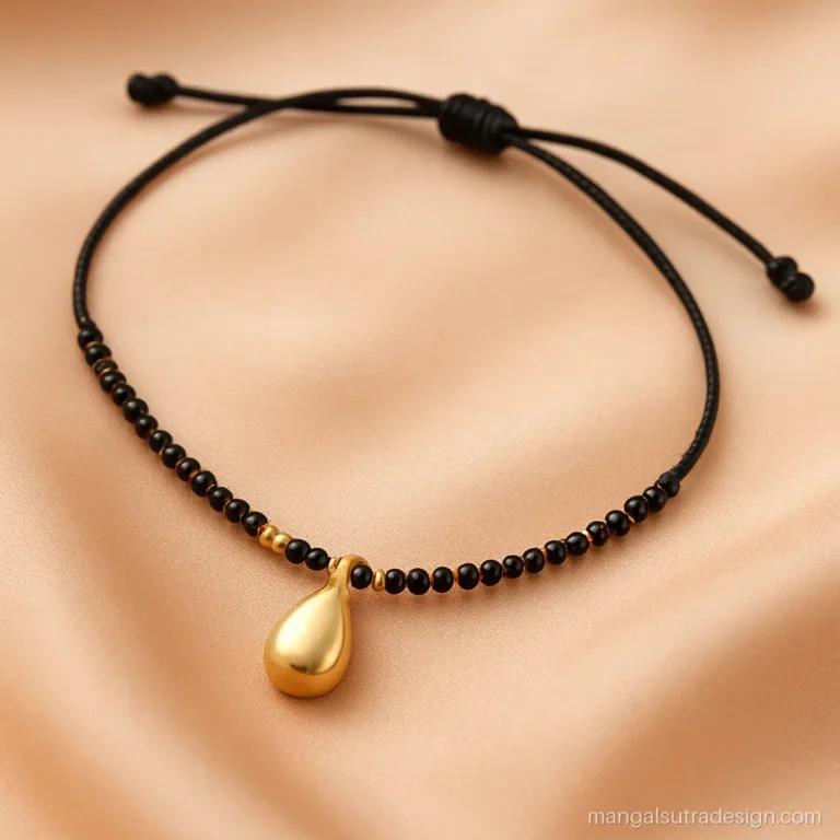 Real 1 gram gold mangalsutra with a tiny teardrop pendant on a black silk dori