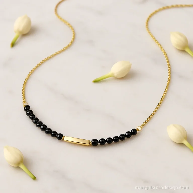 2 gram gold mangalsutra with fine chain, short black bead section and a mini bar