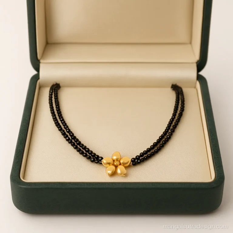 4 gram short double line chhota mangalsutra with a tiny flower in an open jewellery box