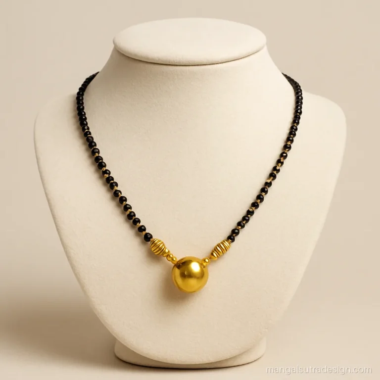 3 gram short mangalsutra with a single vati and gold caps on a display stand