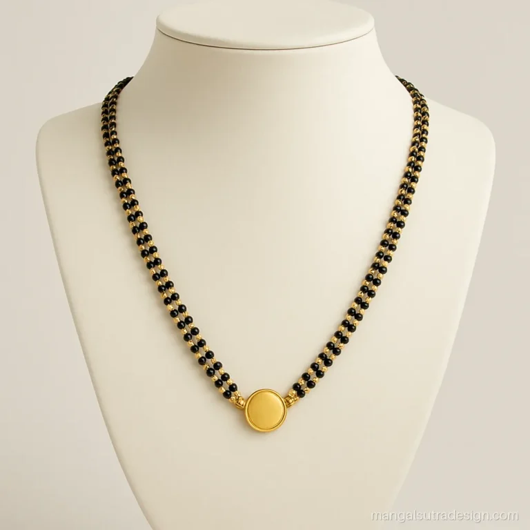 5 gram gold mangalsutra design on a double strand of black beads and gold balls