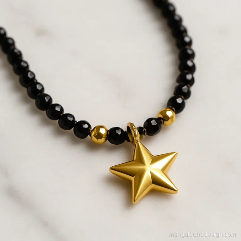Simple 5 gram gold mangalsutra with faceted black beads and a small star pendant