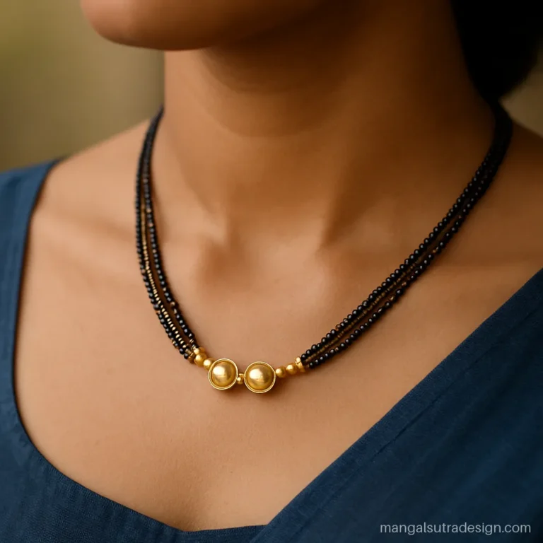 5 gram mangalsutra with three fine black bead strands and a mini vati pair