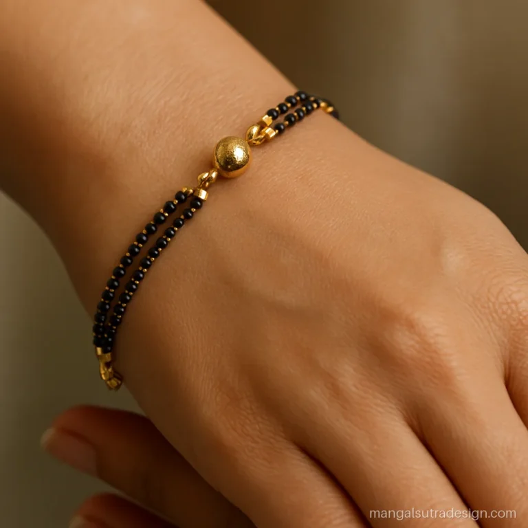5 gram gold mangalsutra bracelet with a mini vati on the wrist