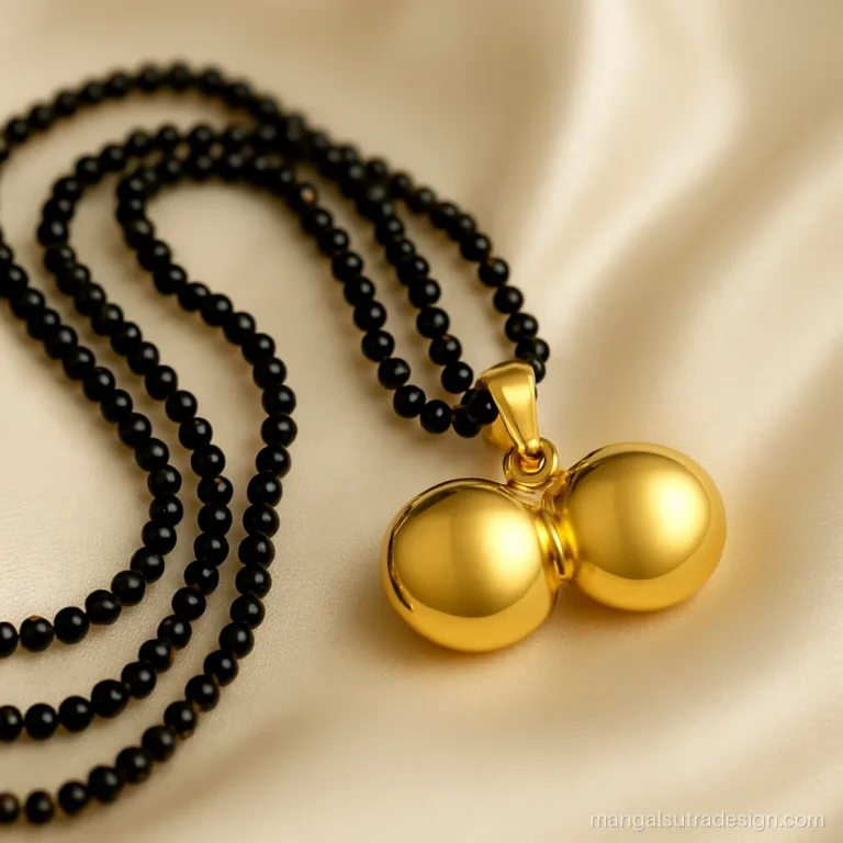 5 gram gold mangalsutra pendant with twin vati shown beside a coiled black bead strand