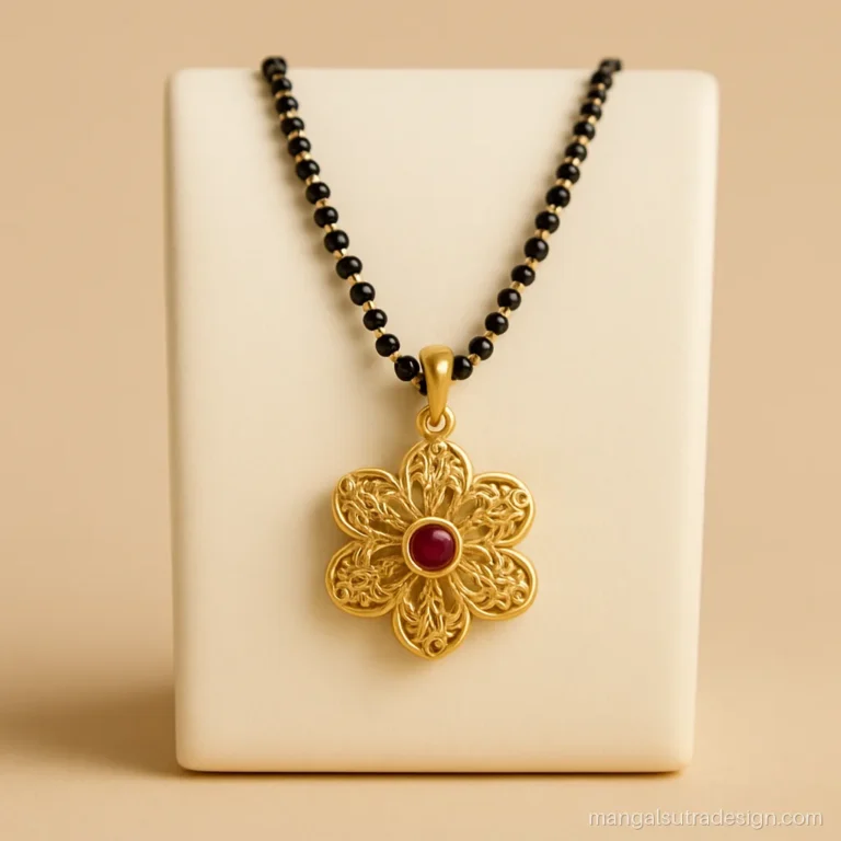 Sone ka 5 gram gold mangalsutra pendant with a filigree flower and ruby centre