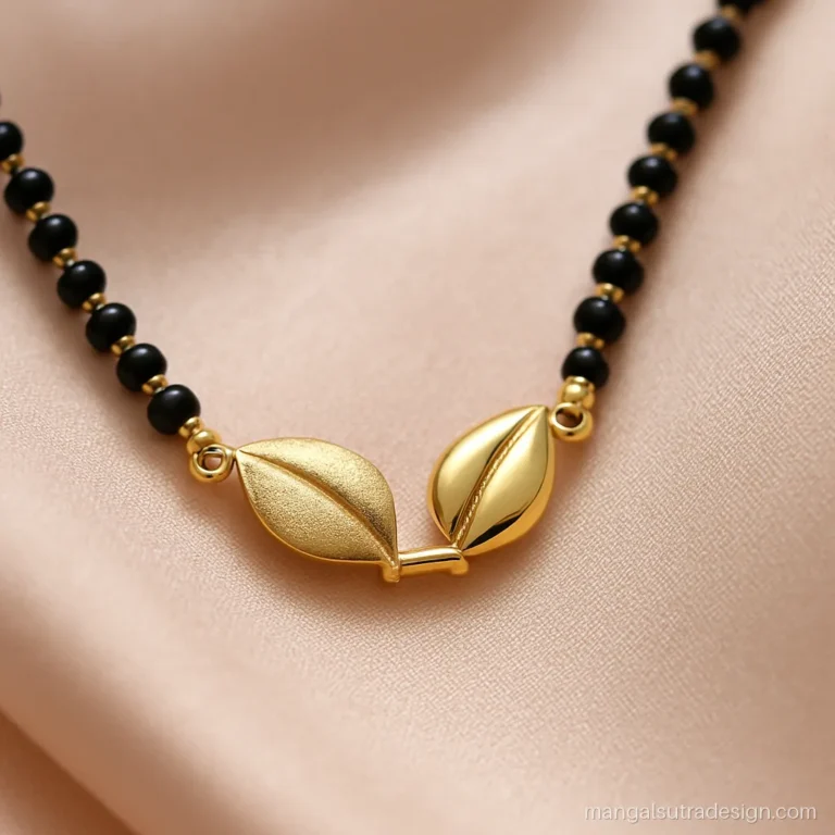 5 gram mangalsutra design with two small gold leaves on a short double strand