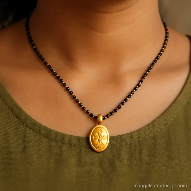 5 gram gold mangalsutra design with an engraved oval pendant on a short strand