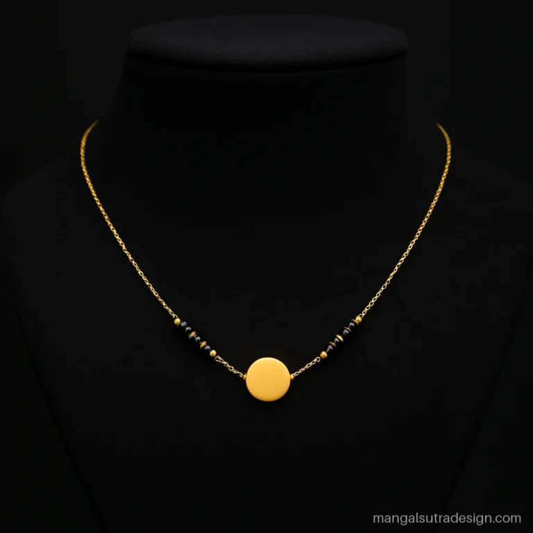 5 gram gold mangalsutra on a thin chain with three black bead stations and a disc