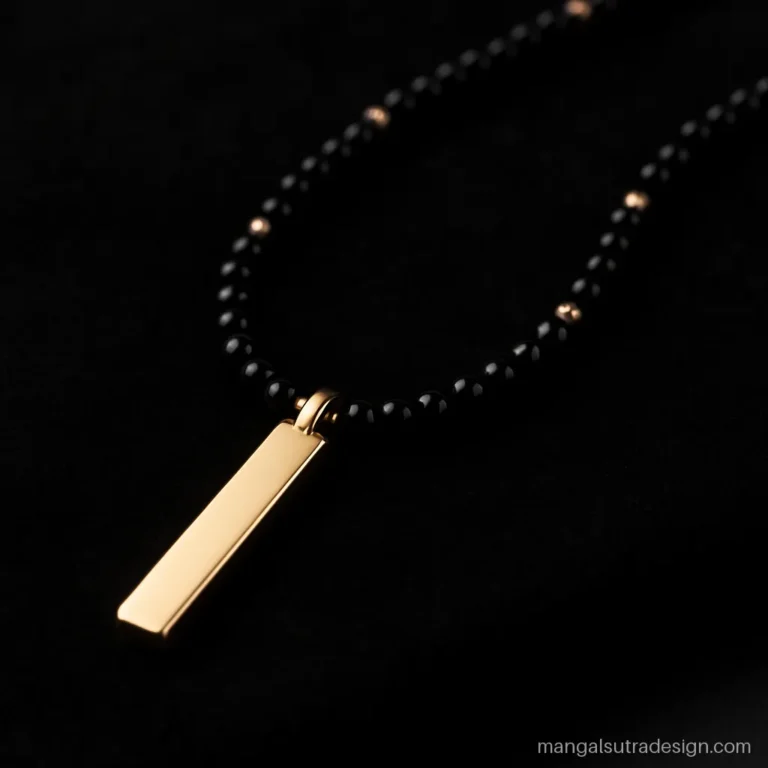 Anti tarnish mangalsutra with a slim gold tone steel bar on black beads