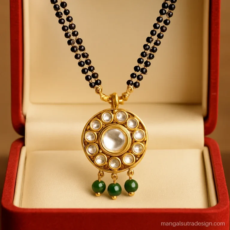 Artificial mangalsutra design with a kundan style pendant and green glass drops