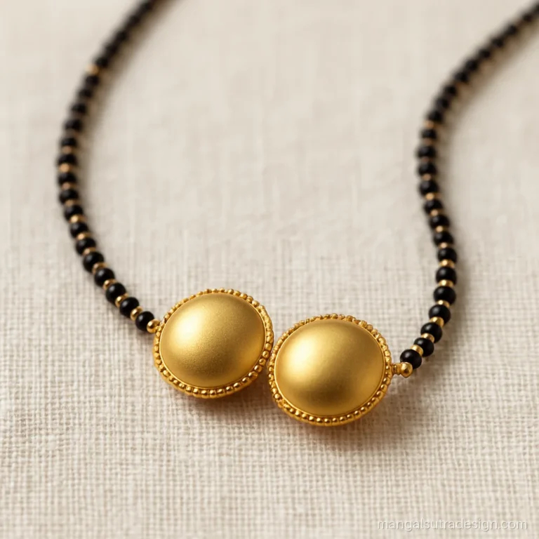 Gold plated mangalsutra design with matte twin vati cups on a black bead strand