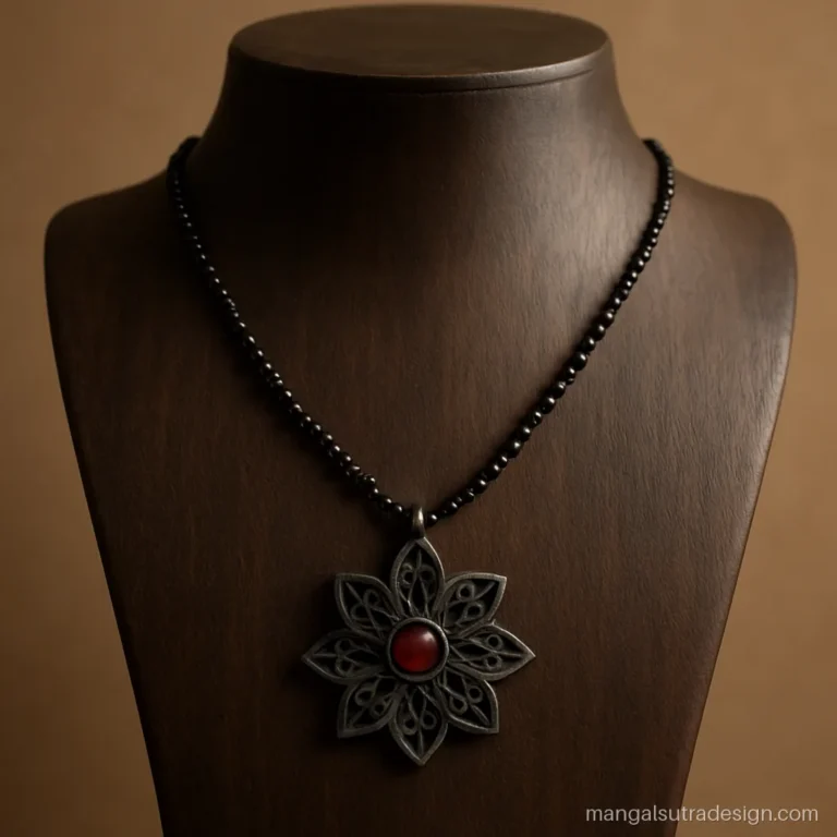 Oxidised artificial mangalsutra design with a jaali flower and a red glass stone