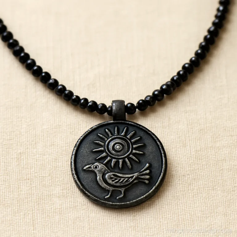 Oxidised mangalsutra in German silver with a tribal motif coin pendant