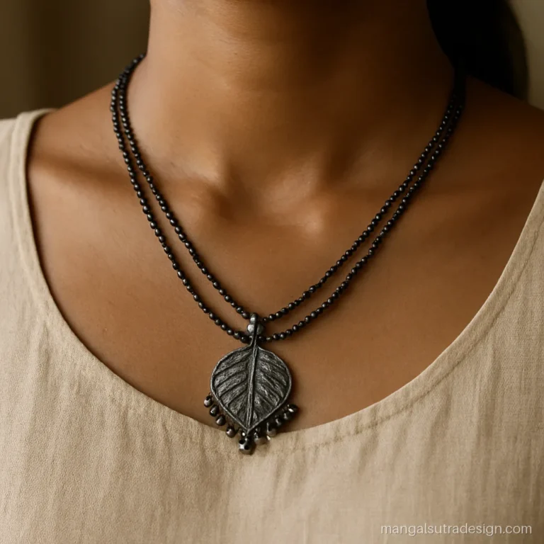 Long oxidised mangalsutra with two layers and tiny metal drops for kurtis