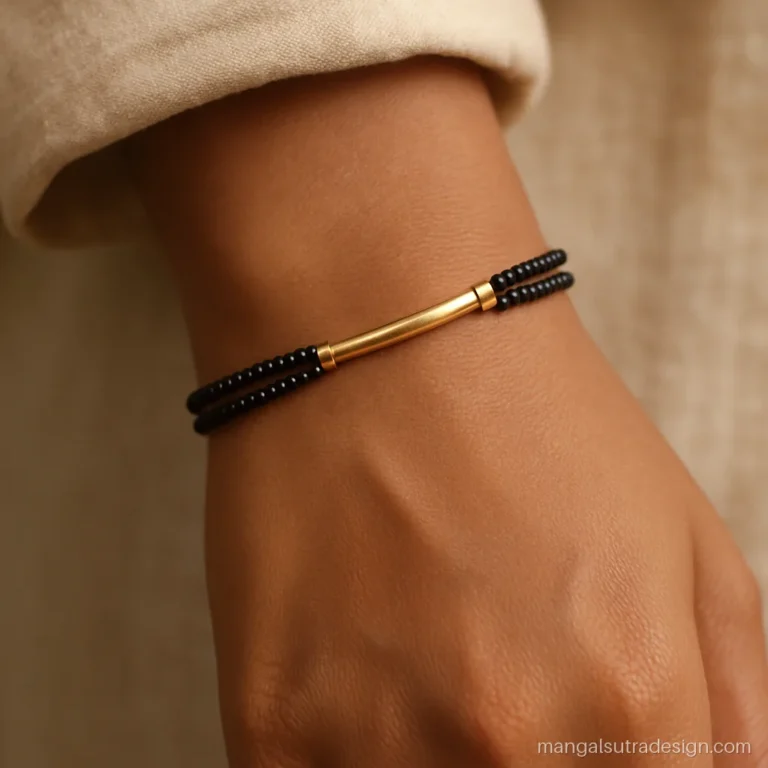 Imitation mangalsutra bracelet with black beads and gold tone caps on the wrist