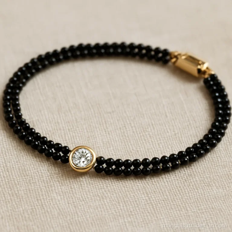 Double row black bead bracelet with a small diamond solitaire set in gold