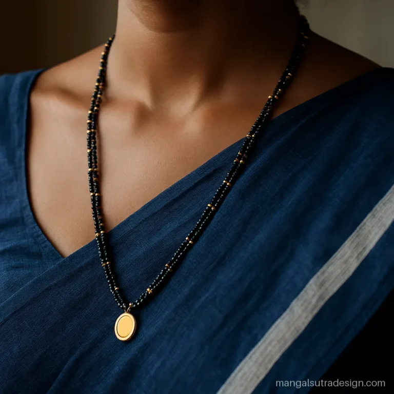 Long black beads mangalsutra with double strands worn over a cotton saree