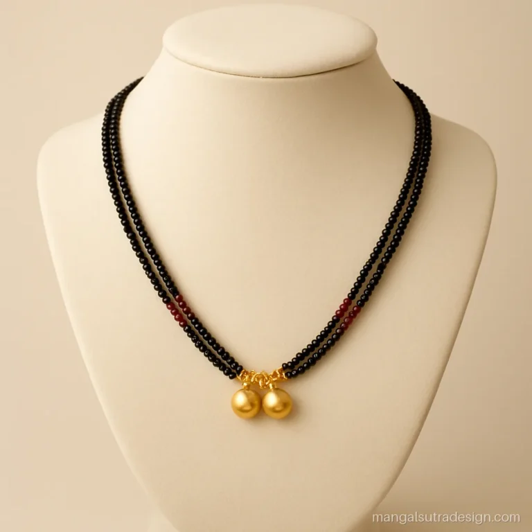 Red moti mangalsutra design with red and black beads and two small gold vati