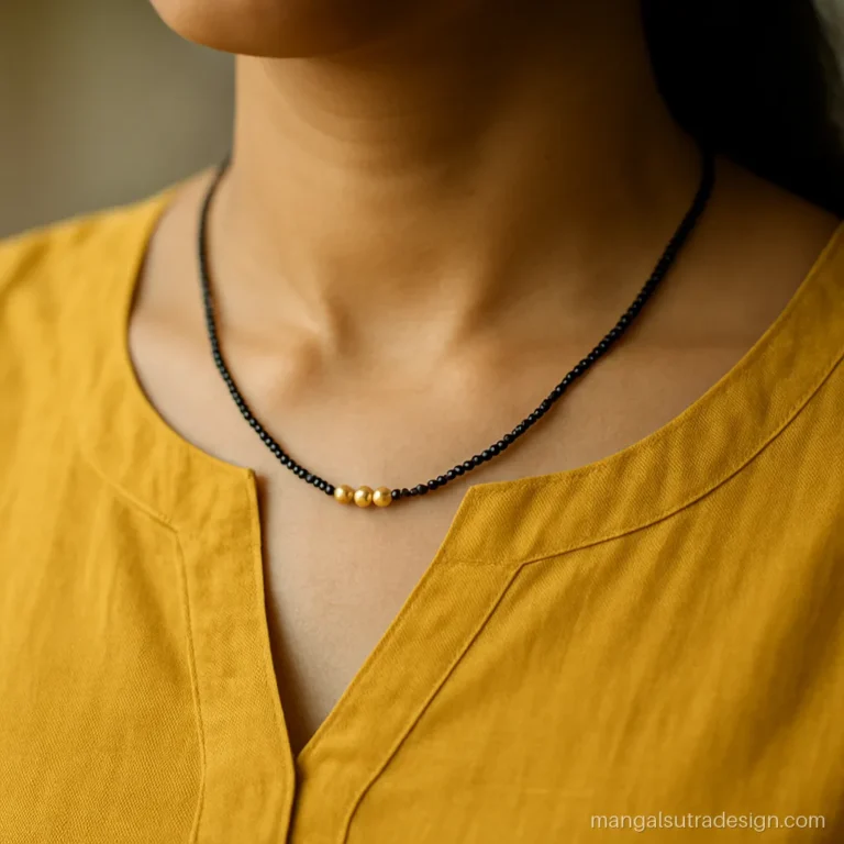 Small mani mangalsutra with three gold beads worn with a kurti