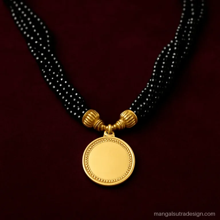 Black beads mangalsutra in gold with three twisted strands and a round coin