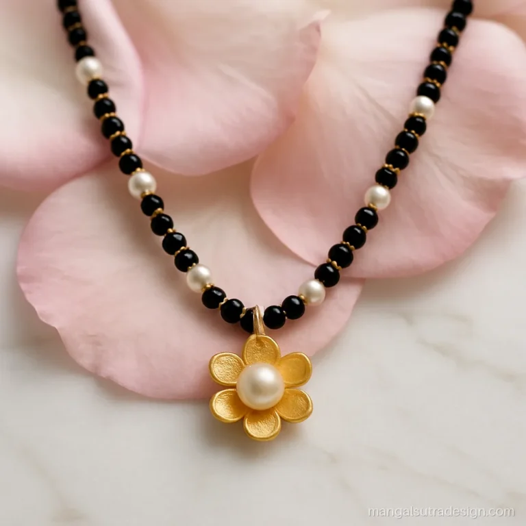 Pearl mangalsutra with white pearls and black moti beads in an even pattern