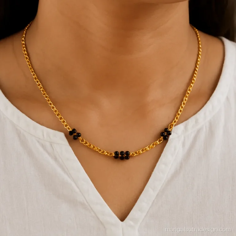 Daily wear chain mangalsutra with an anchor link chain and tiny black bead clusters