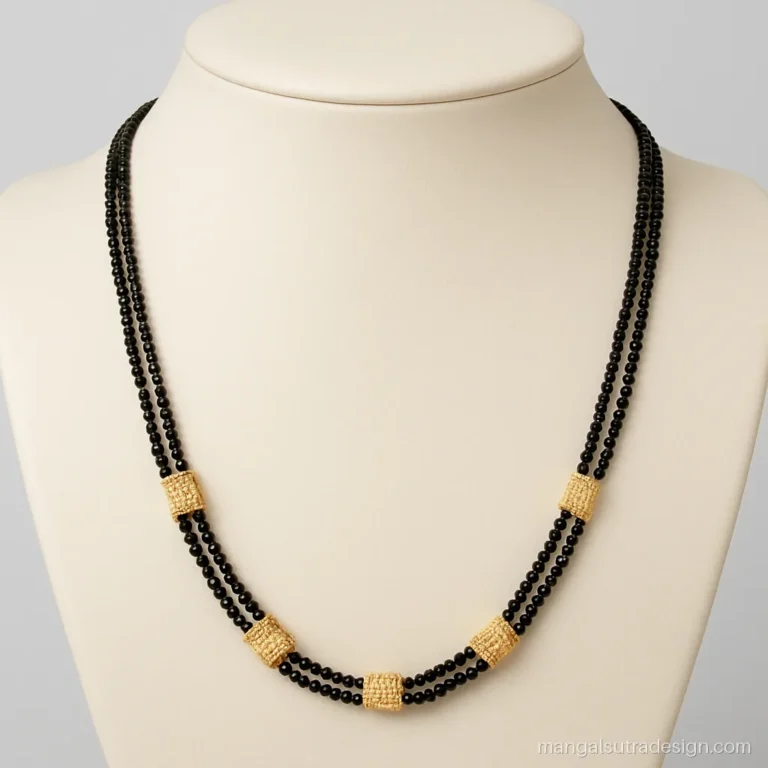 Double layer mangalsutra with black bead strands and short gold mesh tubes