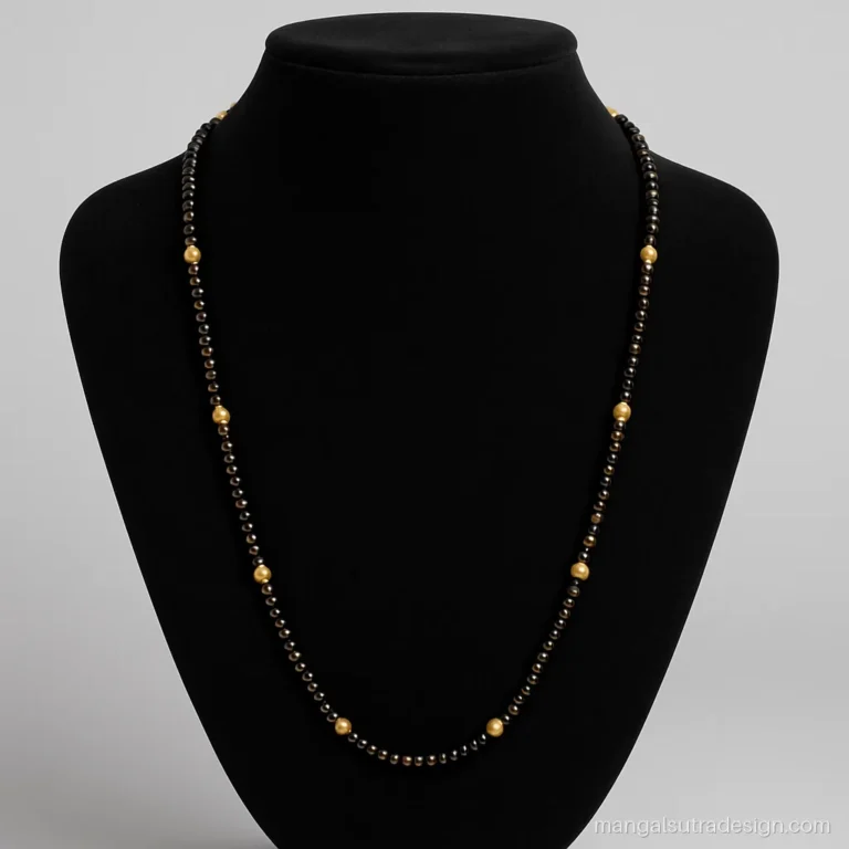 Mangalsutra mala design of black beads with a round gold bead after every ten