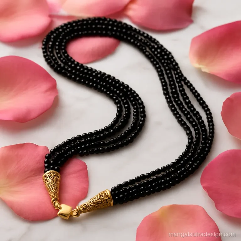 Mangalsutra mala with three twisted black bead strands and filigree gold end caps