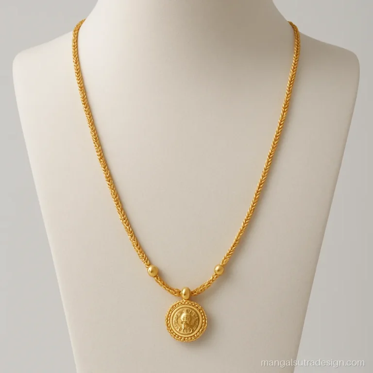 Mangalya chain in plain gold with a small thali pendant and two gold coin side beads