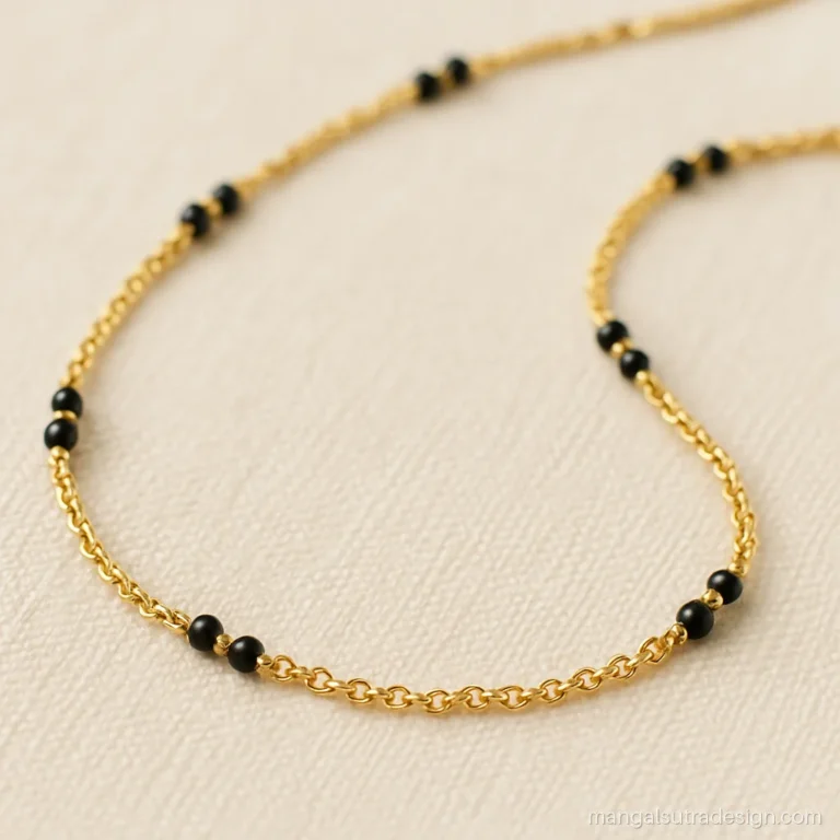 Single gold chain mangalsutra with black bead stations every inch and no pendant