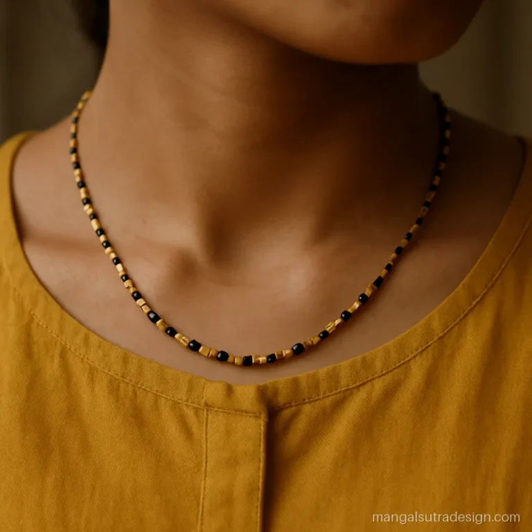 Chain mangalsutra design with square box links alternating with single black beads