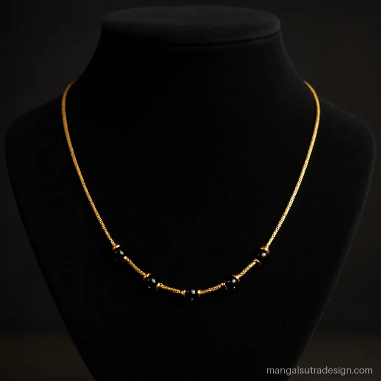 Simple gold mangalsutra design with a box chain and black bead stations