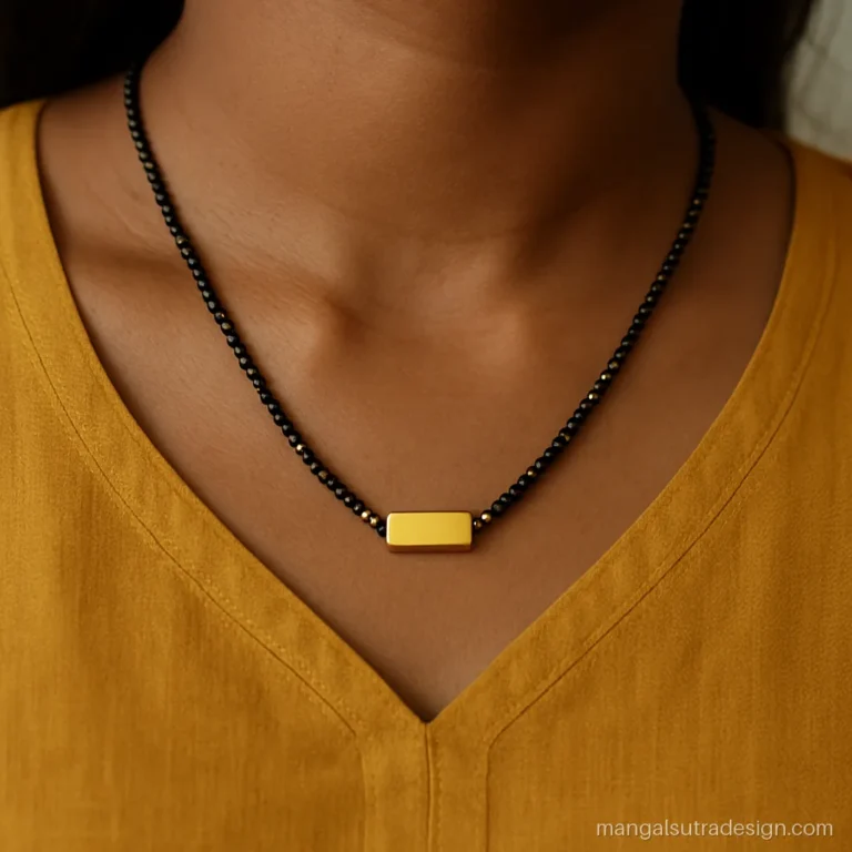 Daily wear gold mangalsutra with a fixed rectangle connector that does not flip