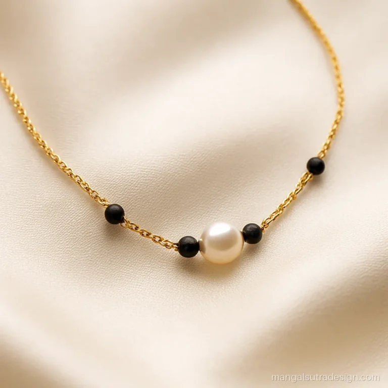 Light daily use mangalsutra with a fine gold chain, one pearl and black beads