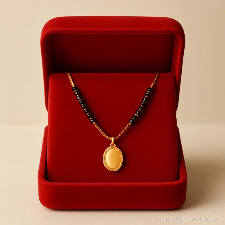 Simple mangalsutra design with a small oval thali style pendant on gold chain
